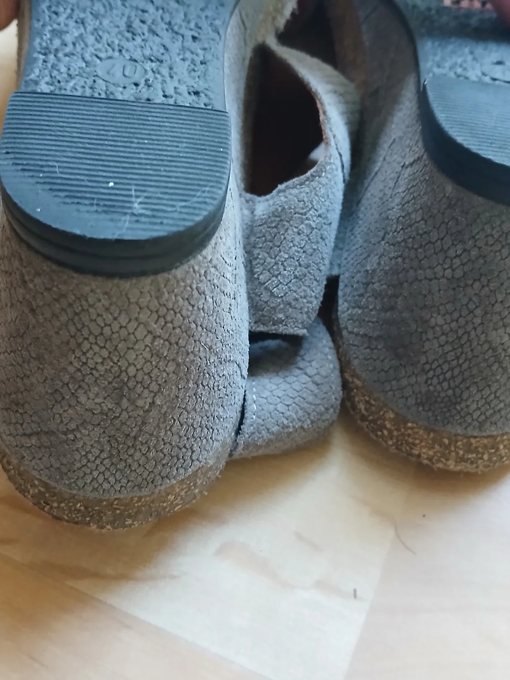 Taos Footwear Gray Suede Slide Sandals with Brass Accents 9-9.5